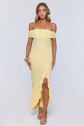 Daily Glow Off Shoulder Mesh Midi Dress Yellow