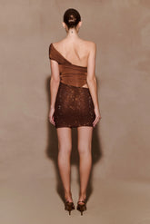 Paisley Slinky And Diamante Mini Dress - Chocolate