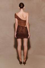 Paisley Slinky And Diamante Mini Dress - Chocolate