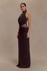 Arra Chiffon And Lace Halter Maxi Dress - Cacao Brown