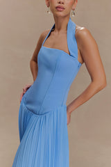 Stacie Pleated Halter Maxi Dress - Bright Blue
