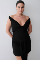 Runa Off Shoulder Mini Dress With Waist Tie - Black