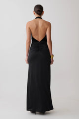 Lien Mesh Velvet Plunge Midi Dress - Black