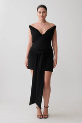 Runa Off Shoulder Mini Dress With Waist Tie - Black