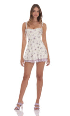 Textured Floral Purple Ruffle Dress in White