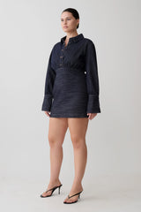 Zarah Denim Long Sleeve Mini Dress - Indigo Pinstripe