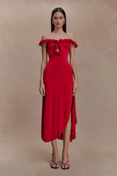 Allegra Off Shoulder Ruffle Midi Dress - Ruby