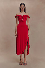 Allegra Off Shoulder Ruffle Midi Dress - Ruby