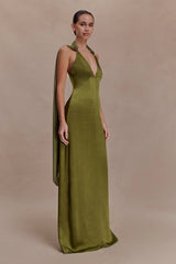 Myla Draped Shoulders Satin Maxi Dress - Khaki