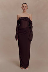 Kirsten Off Shoulder Chiffon Maxi Dress - Cacao Brown
