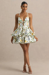 Flavia | Lemon Floral Print Plunge-Neck Ruffled Skater Micro-Mini Dress