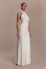 Indira Gathered Slinky Halter Maxi Dress - Ivory