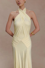 Indira Gathered Slinky Halter Maxi Dress - Lemon