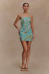 Eloise Hand Beaded Mini Dress - Blue Swirl Print