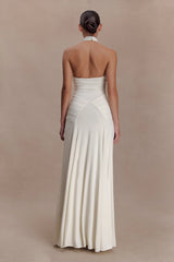 Indira Gathered Slinky Halter Maxi Dress - Ivory