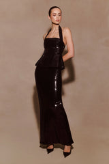 Bertie Sequin Peplum Halter Maxi Dress - Black
