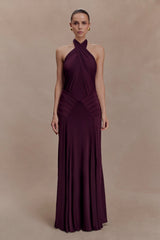 Indira Gathered Slinky Halter Maxi Dress - Mahogany