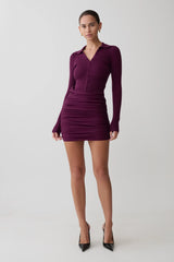 Agness Long Sleeve Button Up Knit Dress - Plum