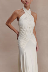 Indira Gathered Slinky Halter Maxi Dress - Ivory
