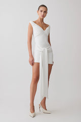 Runa Off Shoulder Mini Dress With Waist Tie - White