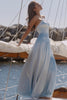 blue satin halter neck godet maxi dress