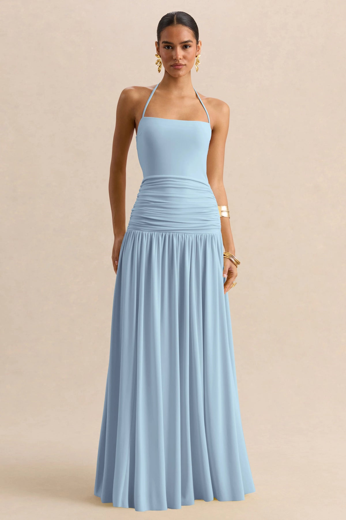 Nicolette | Powder Blue Square-Neck Maxi Dress With Ruched-Detailing