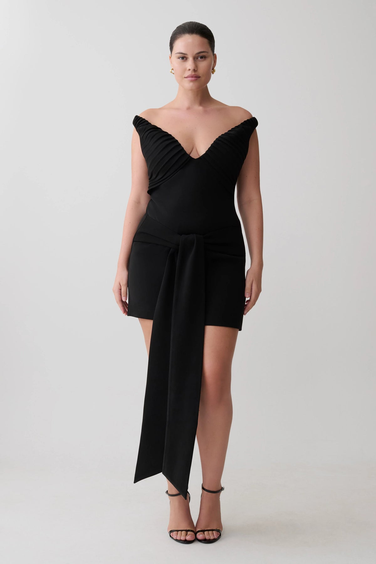 Runa Off Shoulder Mini Dress With Waist Tie - Black