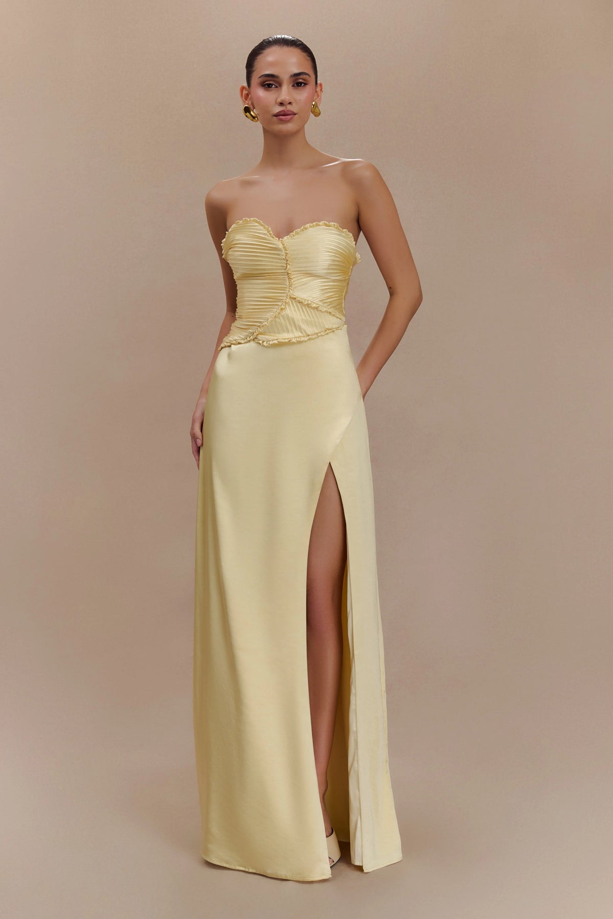 Larissa Satin Maxi Dress With Ruched Petals - Lemon