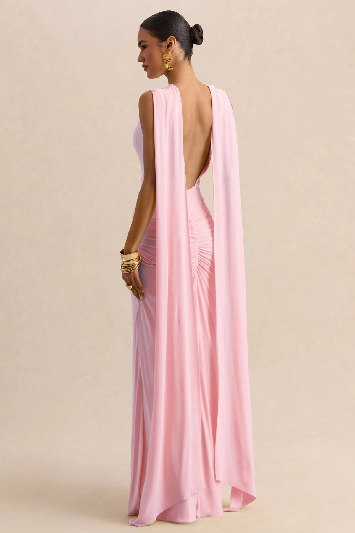 Premiere | Light Pink Boat-Neck Maxi Dress With Cape-Sleeves And Open-Back
