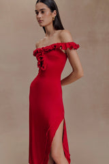 Allegra Off Shoulder Ruffle Midi Dress - Ruby