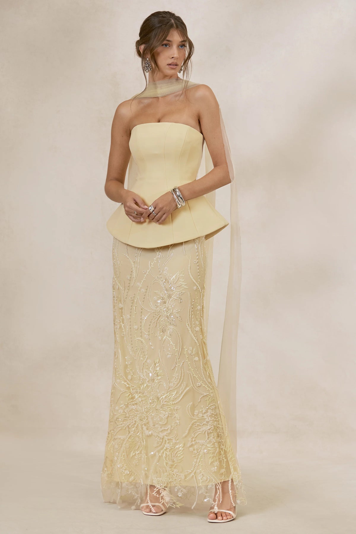 Lorna | Lemon Bandeau Maxi Dress With Scarf