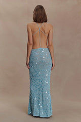 Carmen Crochet Sequin Maxi Open Back Dress - Blue
