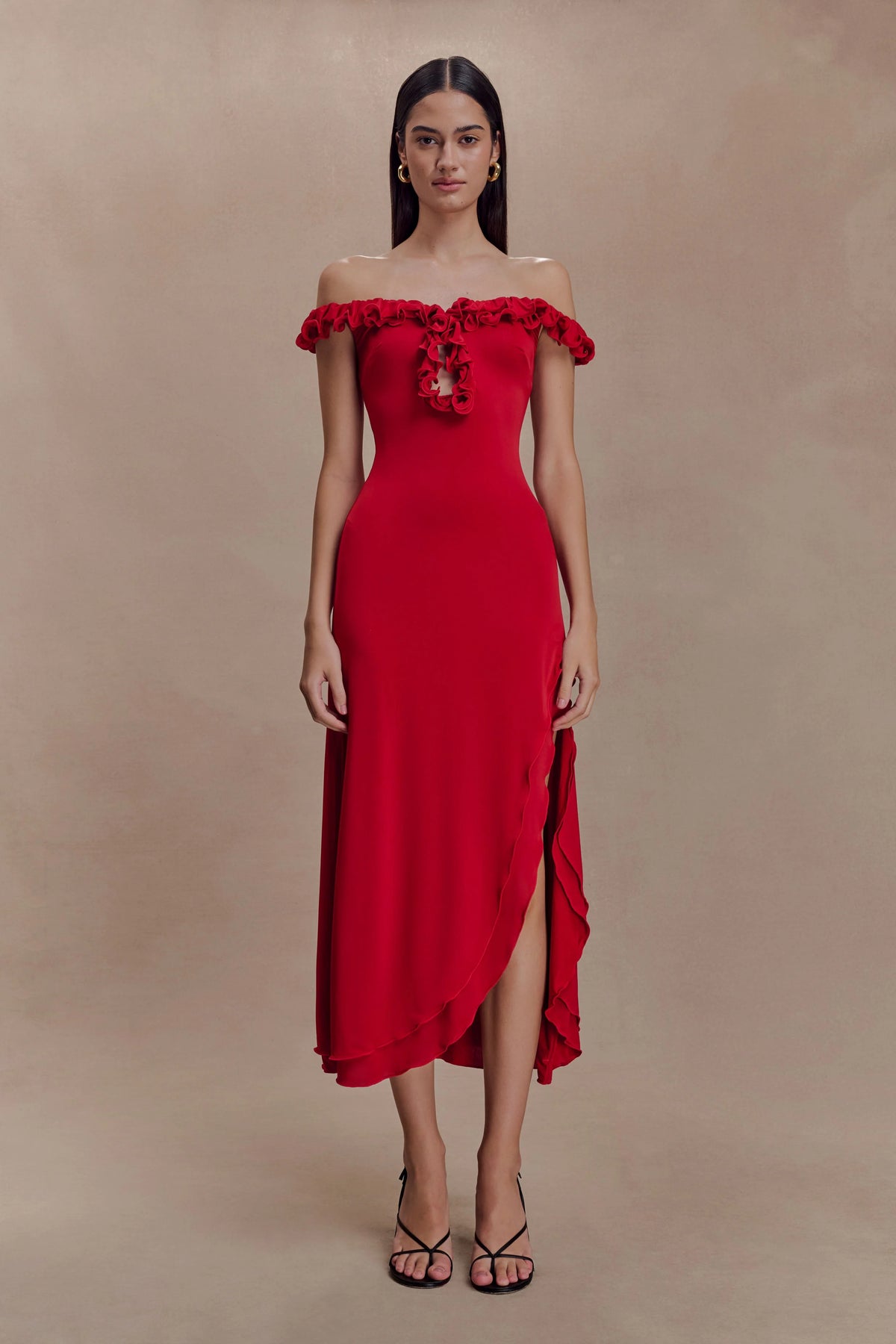 Allegra Off Shoulder Ruffle Midi Dress - Ruby