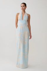 Nadine Halter Scarf Chiffon Maxi Dress - Blue Floral Print