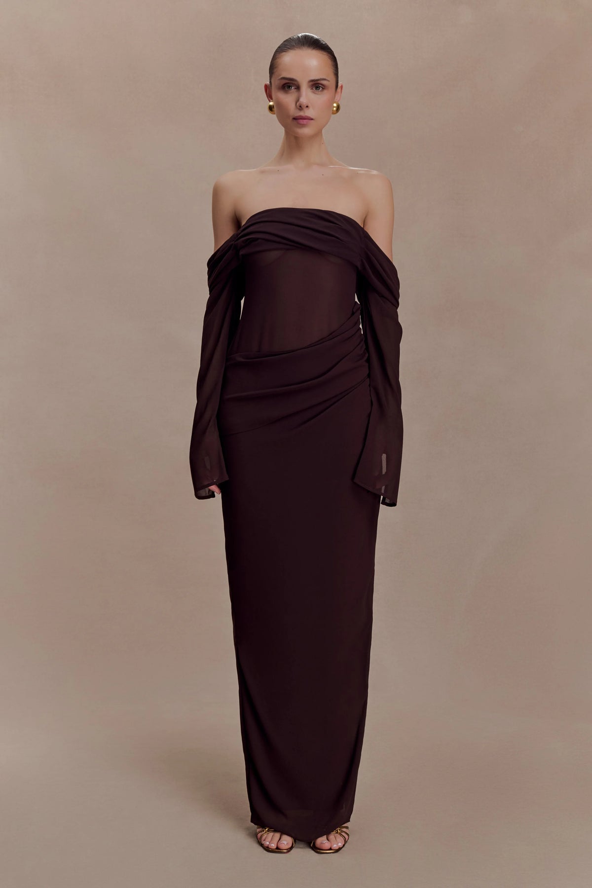 Kirsten Off Shoulder Chiffon Maxi Dress - Cacao Brown