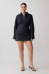 Zarah Denim Long Sleeve Mini Dress - Indigo Pinstripe