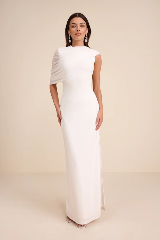 Sutton White Asymmetrical Column Maxi Dress
