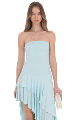 Strapless Ruffle Asymmetrical Maxi Dress in Mint